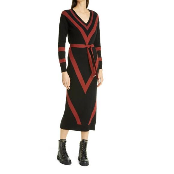 Ted Baker Dresses & Skirts - Ted Baker wool blend maxi sweater dress black burgundy stripe Vneck chic winter